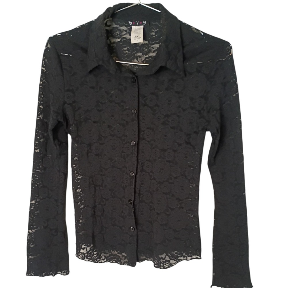 Vintage 5-7-9 Black Floral Lace Button Up Shirt Sheer Long Sleeve Top 90s Small